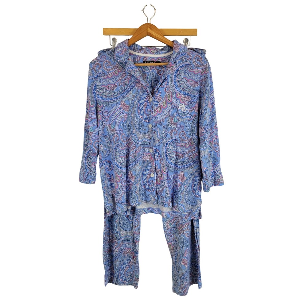 Lauren Ralph Lauren Paisley Pajamas Set Blue Purple Size Large Jersey Knit